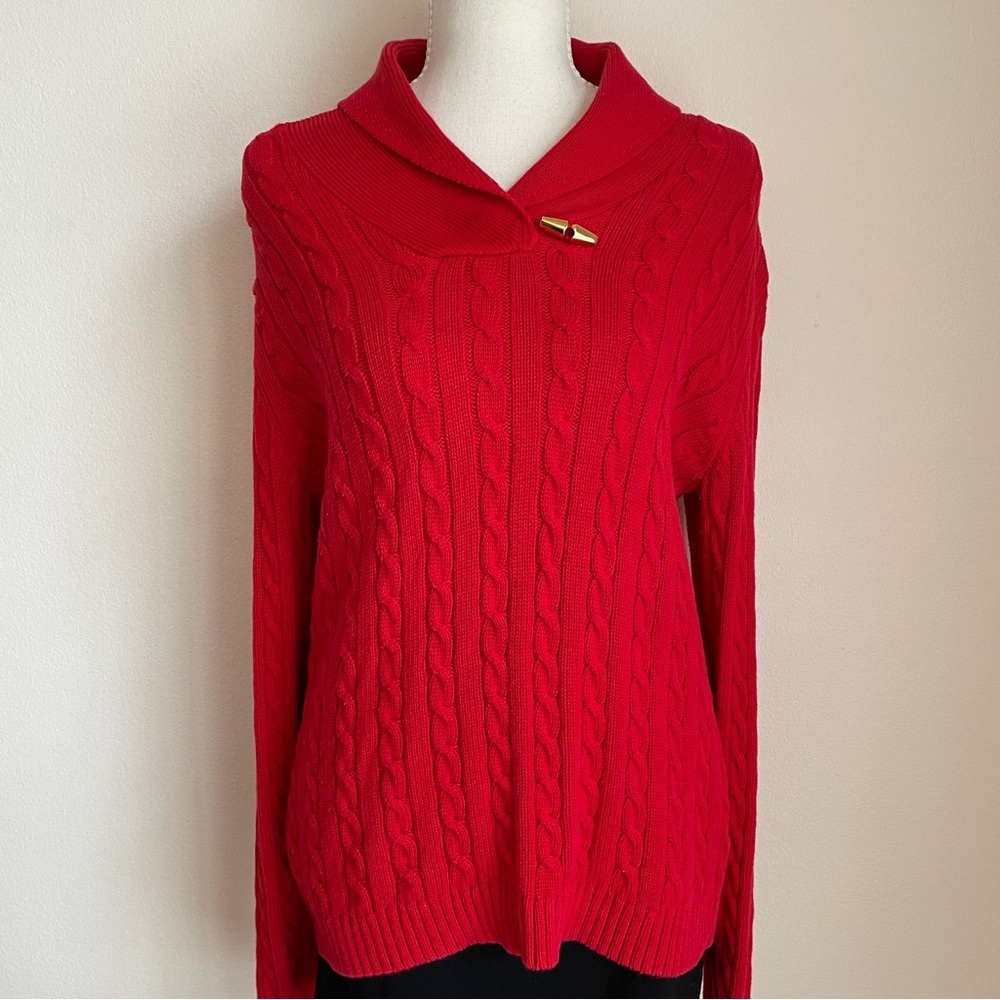 Lauren Ralph Lauren Red Cable Knit Sweater Medium Shawl Collar Preppy Old Money